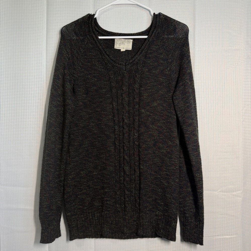 Debbie Morgan Cable Knit Sweater Medium Black Multi Rainbow Marl V-Neck Pullover